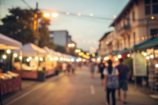 Busy Evening Street Market with Colorful Stalls and Blurred People During Twilight