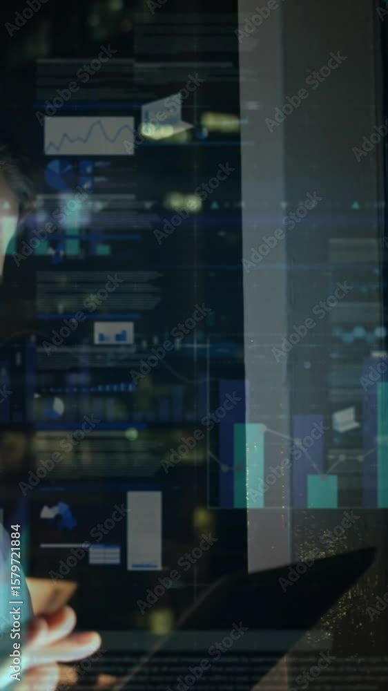 Poster animation of statistical data processing over caucasian woman using tablet working late at office