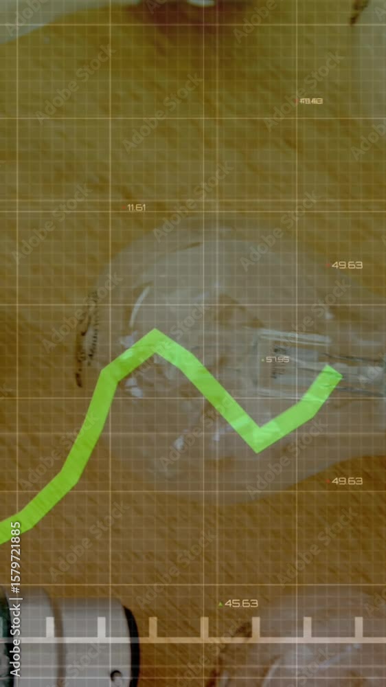Poster animation of statistical data processing against close up view of electric bulbs on wooden table