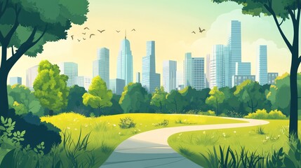 Lush green park path winding through a meadow, overlooking a vibrant cityscape at sunrise