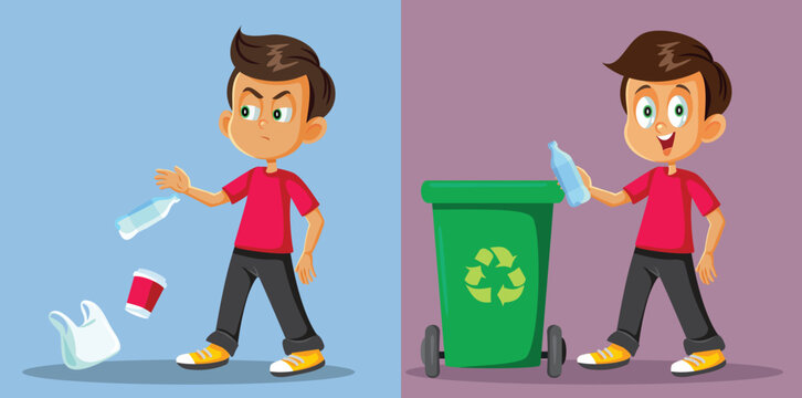 Little Boy Throwing Trash Correctly and Incorrectly Vector Cartoon. Two types of waste management behaviors contrasted
