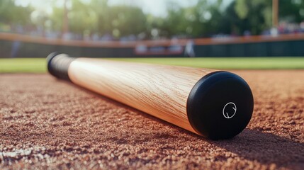 Wooden baseball bat resting on a dirt baseball field.