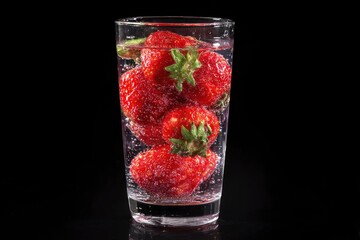 Strawberries fill a clear glass of carbonated water against a dark background