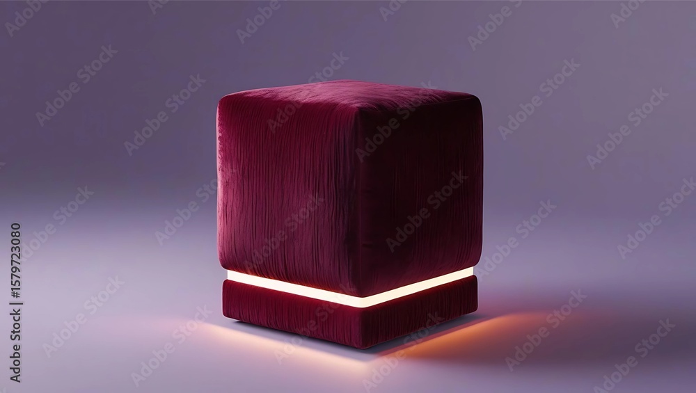 Poster a plush, cube-shaped ottoman with a deep red velvet texture and illuminated base, casting a soft glo