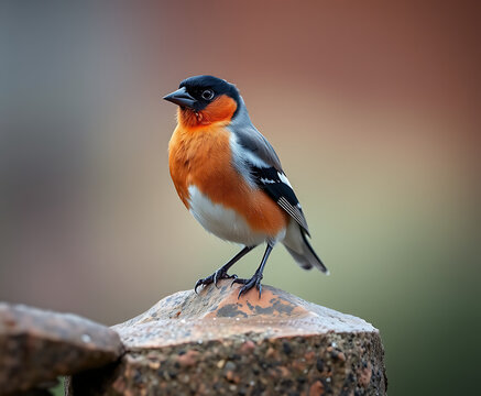 A vibrant chaffinch perches gracefully on a weathered stone, its orange breast and dark plumage contrasting beautifully against a soft, blurred natural backdrop, perfect for avian themes. - Powered by Adobe