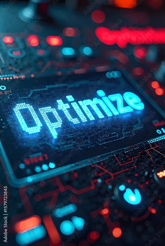 Poster digital optimization concept, vertical composition. a glowing blue optimize word is displayed on a f