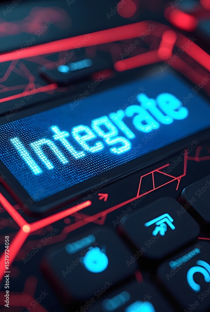 Poster a glowing blue integrate button is prominently displayed on a futuristic keyboard, vertical composit