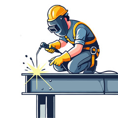 Cartoon Illustration of Welder Working on Steel with Safety Gear