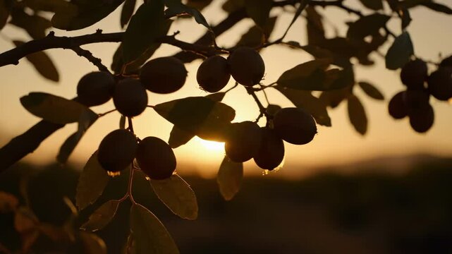 Silhouetted olive tree branches with ripe olives against a golden sunset, creating a serene atmosphere in an outdoor landscape, ideal for nature-themed projects and organic product promotions