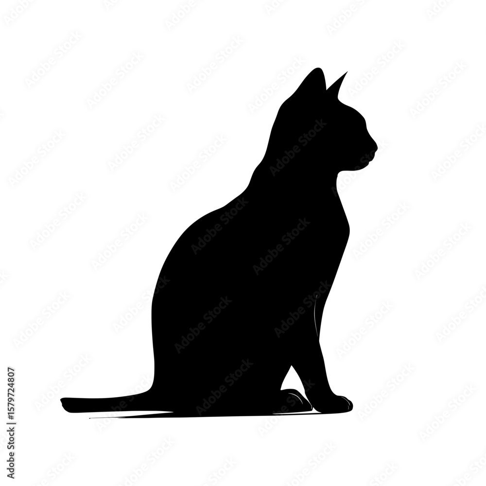 Poster silhouette of a seated feline with pointed ears and a long tail in a profile view facing right