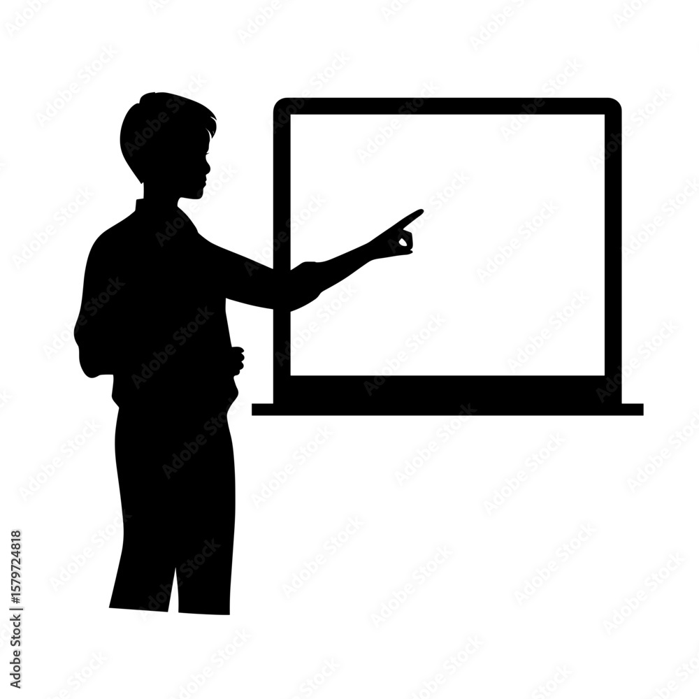 Poster silhouette of a person presenting to a screen with their arm extended and pointing at it clearly