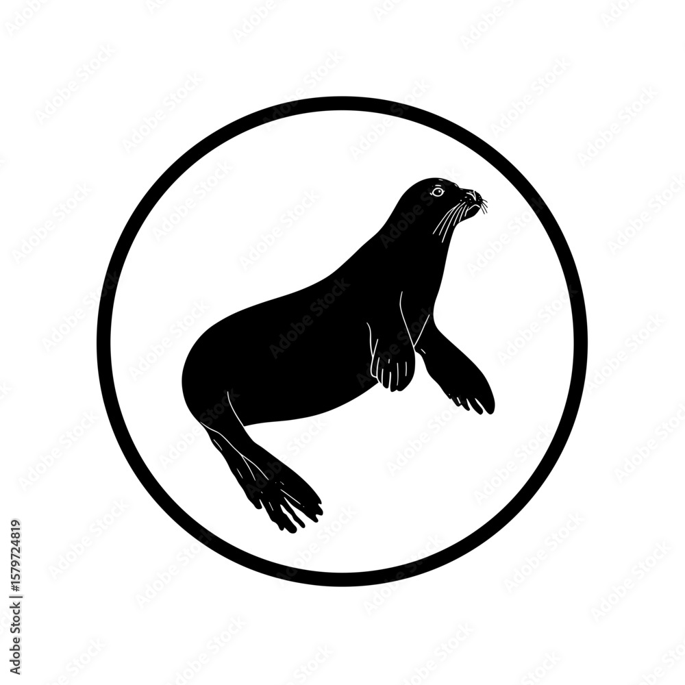 Poster silhouette of a seal inside of a circle with a solid fill and outline in a graphic depiction image s