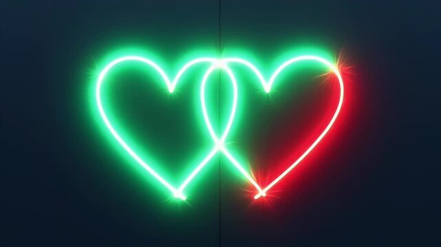 Twin neon hearts one emerald one crimson pulse synchronized rhythm inky black their single line outline animating continuously K 60 fps giving love themed promos dating app intros Valentine lower