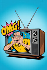 Surprised Man in Vintage TV with OMG Reaction in Bright Retro Colors