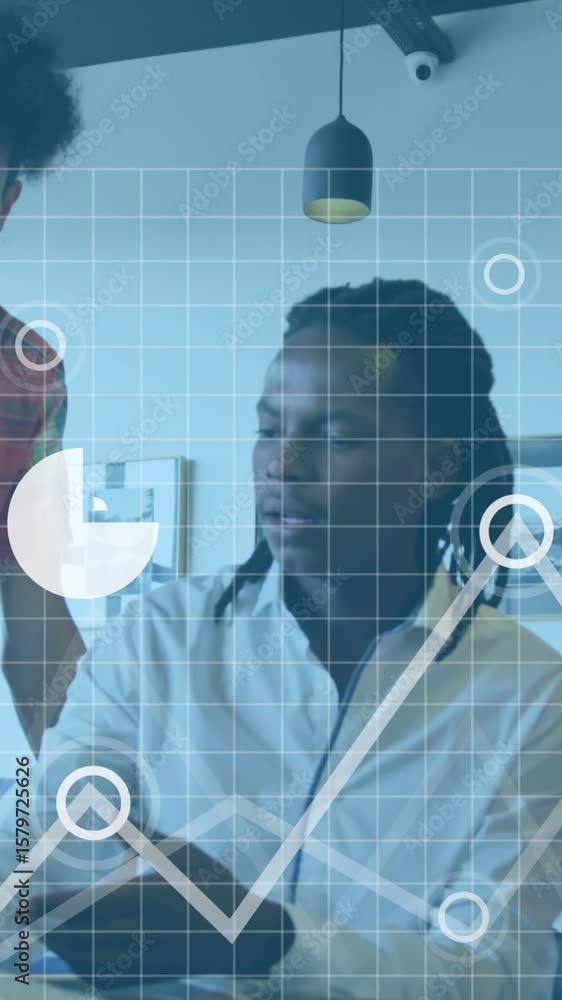 Poster animation of multiple icons over diverse coworkers discussing on desk in office
