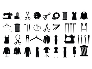 Tailoring and Sewing Tools Silhouette Icon Set – Fashion and Dressmaking Vector Elements.