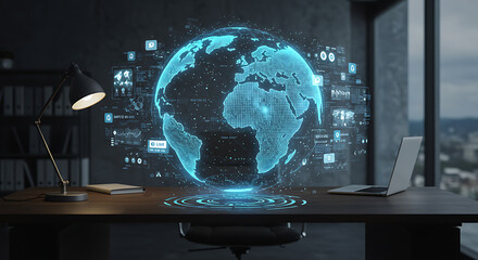 Glowing holographic globe hovering above wooden desk with data lines and network visualization, symbolizing global digital communication and AI integration