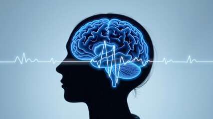 Image illustrates human silhouette with glowing brain and electrocardiogram line, symbolizing ai in mental health monitoring