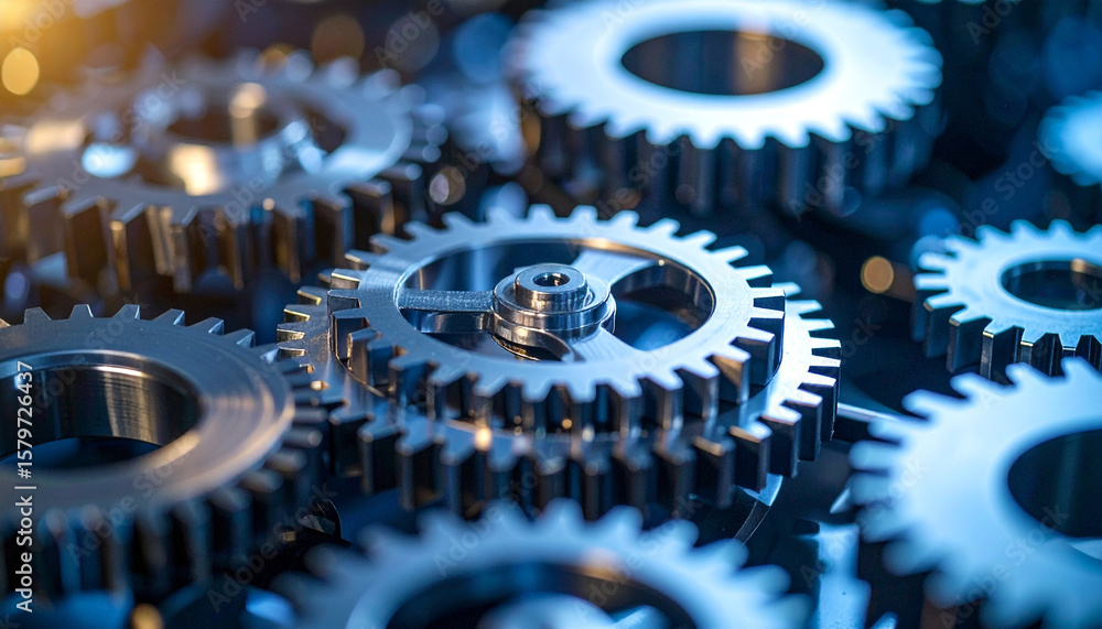 Poster interlocking cogs of progress: a captivating close-up reveals the intricate dance of industrial gear