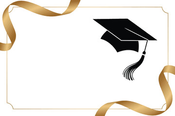 Elegant graduation cap with gold ribbon border and copy space for academic achievement celebration