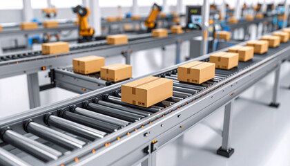 Naklejka premium Automated Assembly Line: A modern factory showcases its advanced automated assembly line, with boxes moving seamlessly along a conveyor belt, ready for distribution.