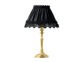 Elegant gold table lamp with black lace shade, Isolated On Transparent Background, Png