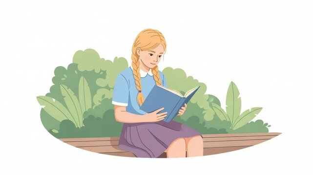 Illustration of a girl reading a book on a park bench surrounded by lush greenery