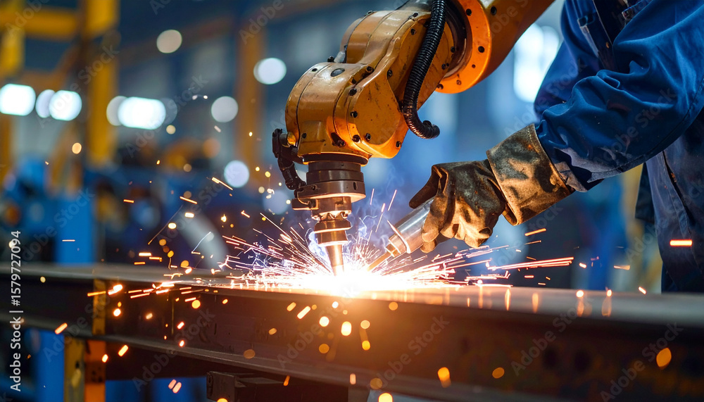 Poster automated assembly: robotic arm welds metal in a modern industrial setting, with sparks flying as it