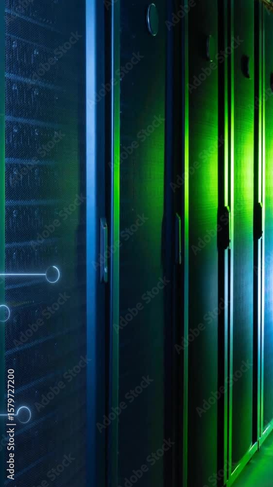 Poster animation of circuit board and data processing over computer servers