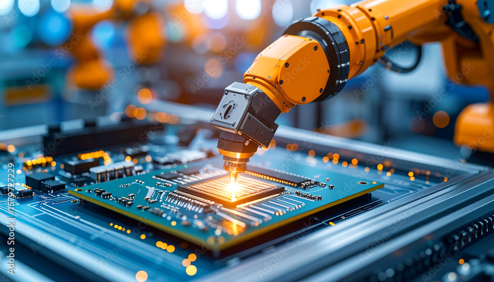 Poster robotic precision in microchip manufacturing: a close-up shot of an orange robotic arm precisely wel