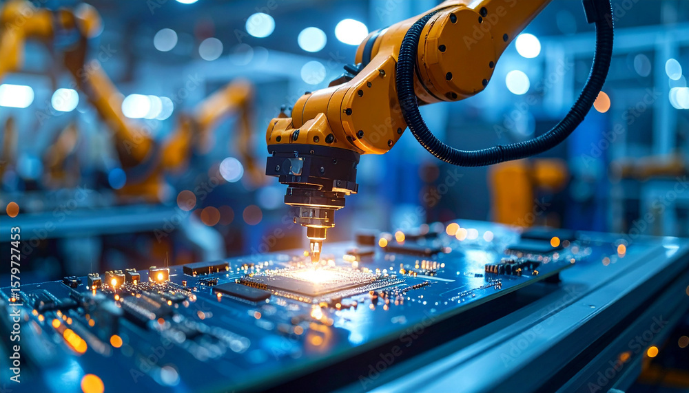 Poster robotic precision: a high-tech robotic arm meticulously works on a circuit board, symbolizing innova
