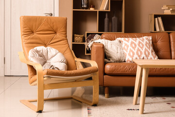 Cozy armchair with cushion in interior of living room