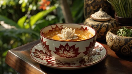 Fototapeta premiumA bowl of Panang Curry with creamy sauce, adorned with a carved daikon lotus