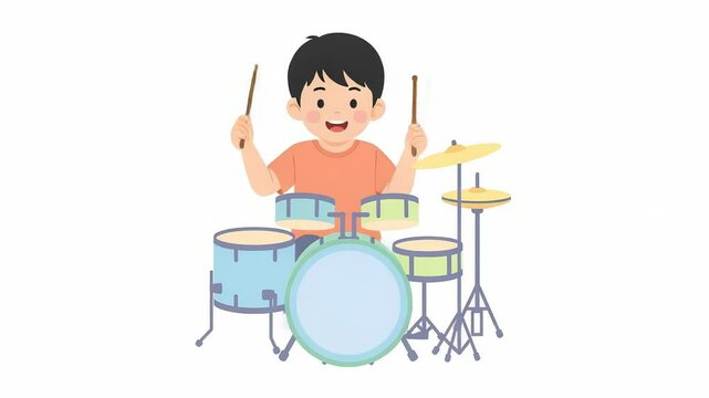 Young drummer boy illustration playing drums with enthusiasm and passion seamless vector animation
