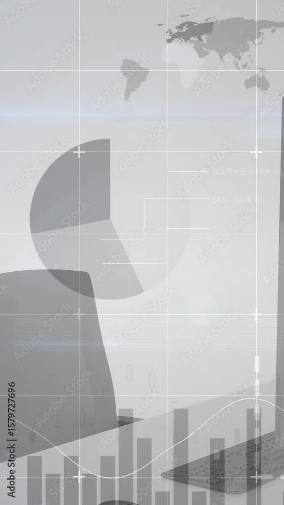 Poster animation of financial data processing over desk with computer on white background