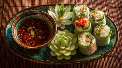 A plate of Thai Spring Rolls with dipping sauce, adorned with a carved cucumber lotus