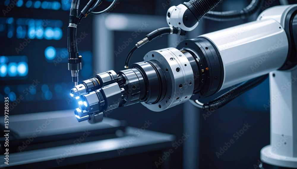 Poster technological precision: a high-tech robotic arm in a sleek, modern industrial setting. the image ca