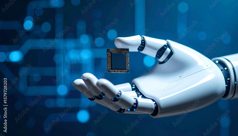 Aufkleber robot hand holding computer chip: a futuristic robot hand delicately cradles a sleek computer chip, 