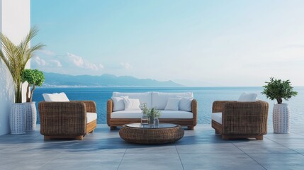 Coastal patio furniture on a balcony overlooking the sea