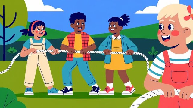 Cartoon illustration of a group of children playing tug of war in a park setting