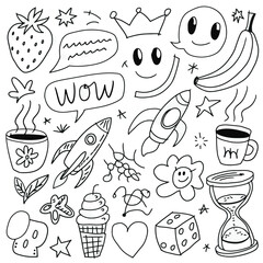 Hand-Drawn Doodle Icon Set with Food, Space, and Emotion Elements

