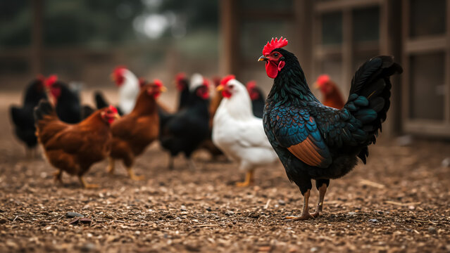 Rooster standing among chickens on a farm. A black rooster stands proudly surrounded by hens and chicks in a rural setting.