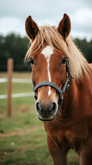 Chestnut horse portrait with a white blaze. Close up of a brown equine with flowing mane and halter.