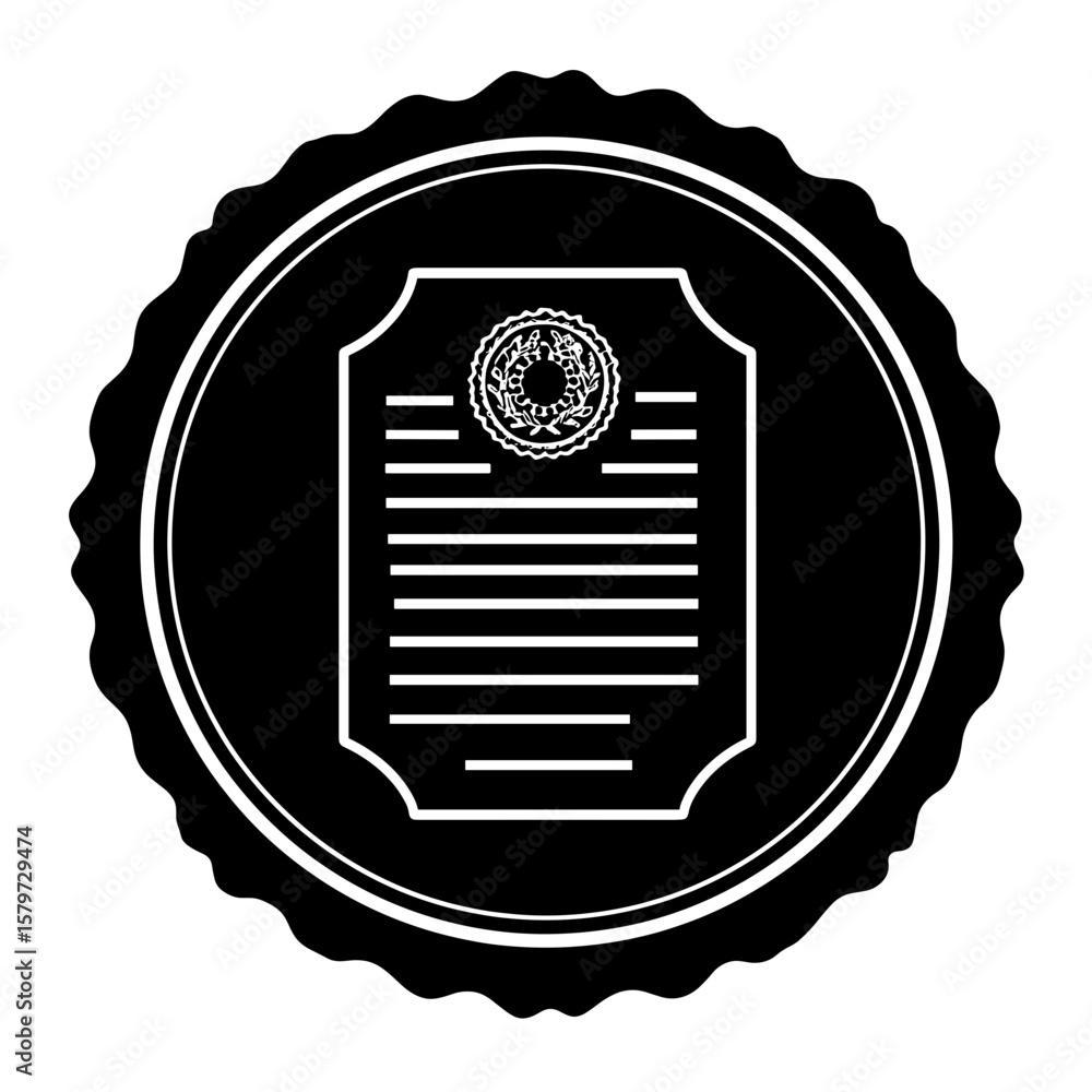 Poster illustration of a document with seal inside a circular scalloped badge emblem design element