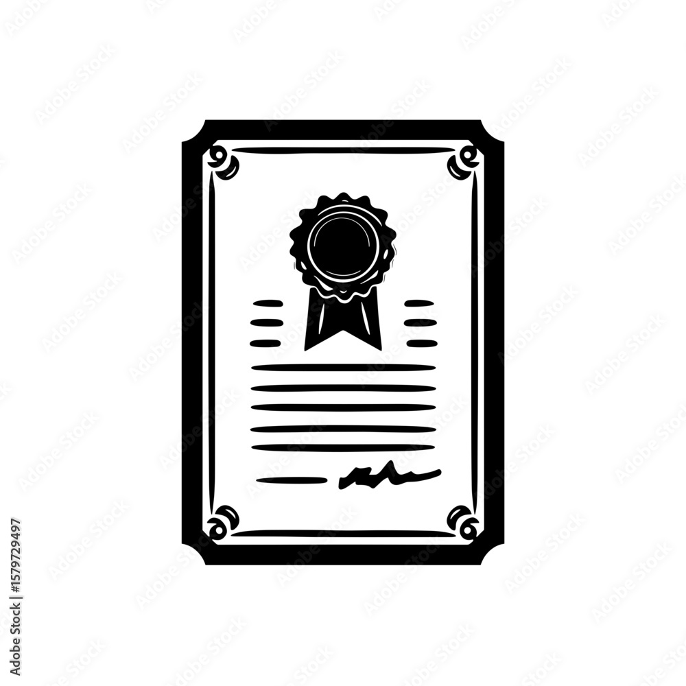 Poster illustration of a framed certificate with a seal and text lines on a plain presentation
