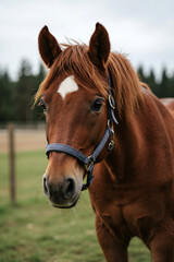Fototapeta premium Chestnut horse standing in a grassy field. Close up of a brown equine with white marking on forehead.