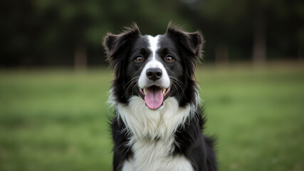 Smiling Border Collie dog portrait. Happy black and white dog looking at camera in a grassy field. Pet photography.
