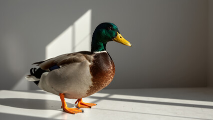 Obraz premium Male mallard duck standing on a white surface. Close up of a wild duck in natural light.