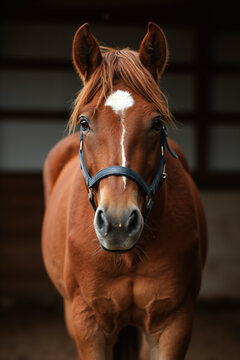 Chestnut horse portrait. Close-up of a brown horse wearing a halter looking directly at the camera.