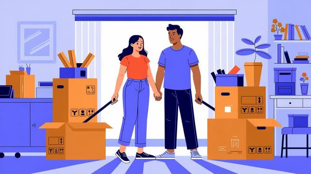 Couple Moving into New Home with Boxes and Furniture Vector Illustration